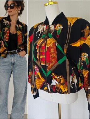 Vintage Chardin Matador Equestrian Scarf Print Bomber Jacket L